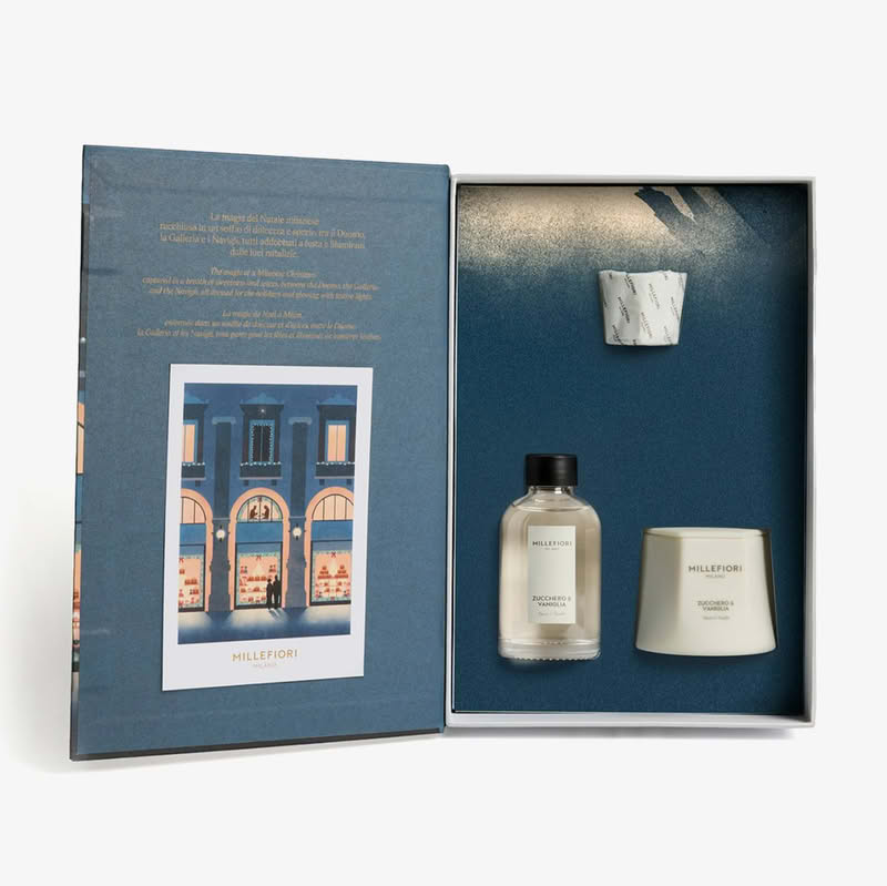 Cofanetto Millefiori in confezione con grafica a tema Natale milanese contenente una candela e un diffusore 100 ml di fragranza Zucchero e Vaniglia, per un bellissimo ed elegante regalo di Natale